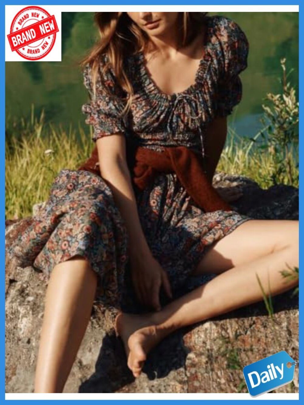 Boho Floral Puff Sleeve Maxi Dress with Pockets, Smocked A-Line - Picture 2 of 5